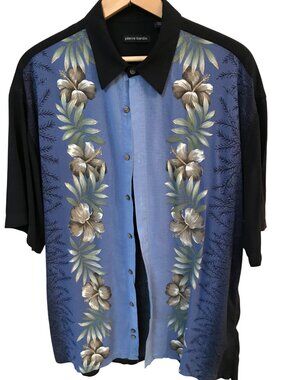 Pierre Cardin Two-Tone Rayon Shirt: Tropical Floral Blue Black, Men’s Size Large